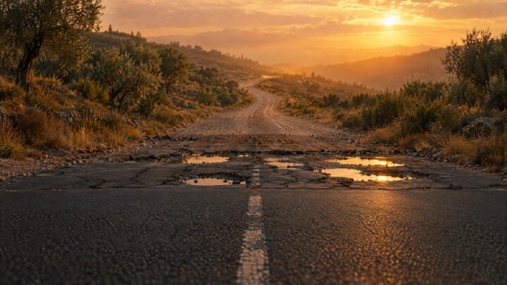 A country road seen from road level in low sun, where smooth tarmac breaks up into cracked asphalt and water-filled potholes, then turns into a gravel track that winds through olive-covered hills into haze.