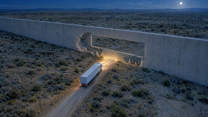A lorry drives at night towards a vast concrete wall in open scrubland where a hole cut in the shape of a lorry glows at its edges.
