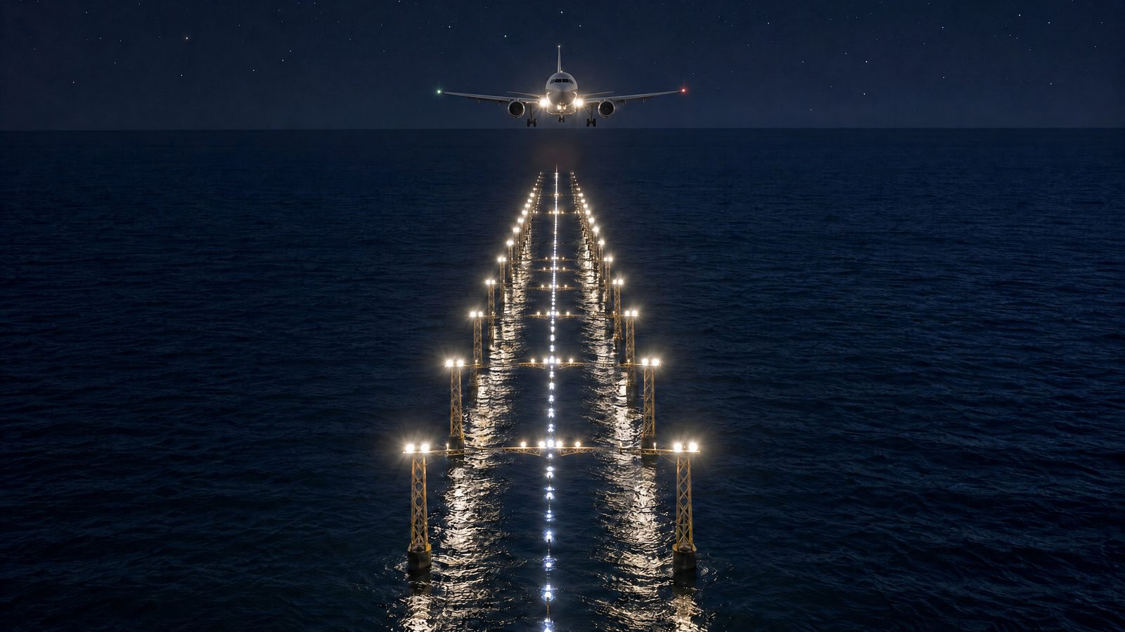 An airliner on final approach at night follows two lines of landing lights that run out across a dark sea and stop in open water.