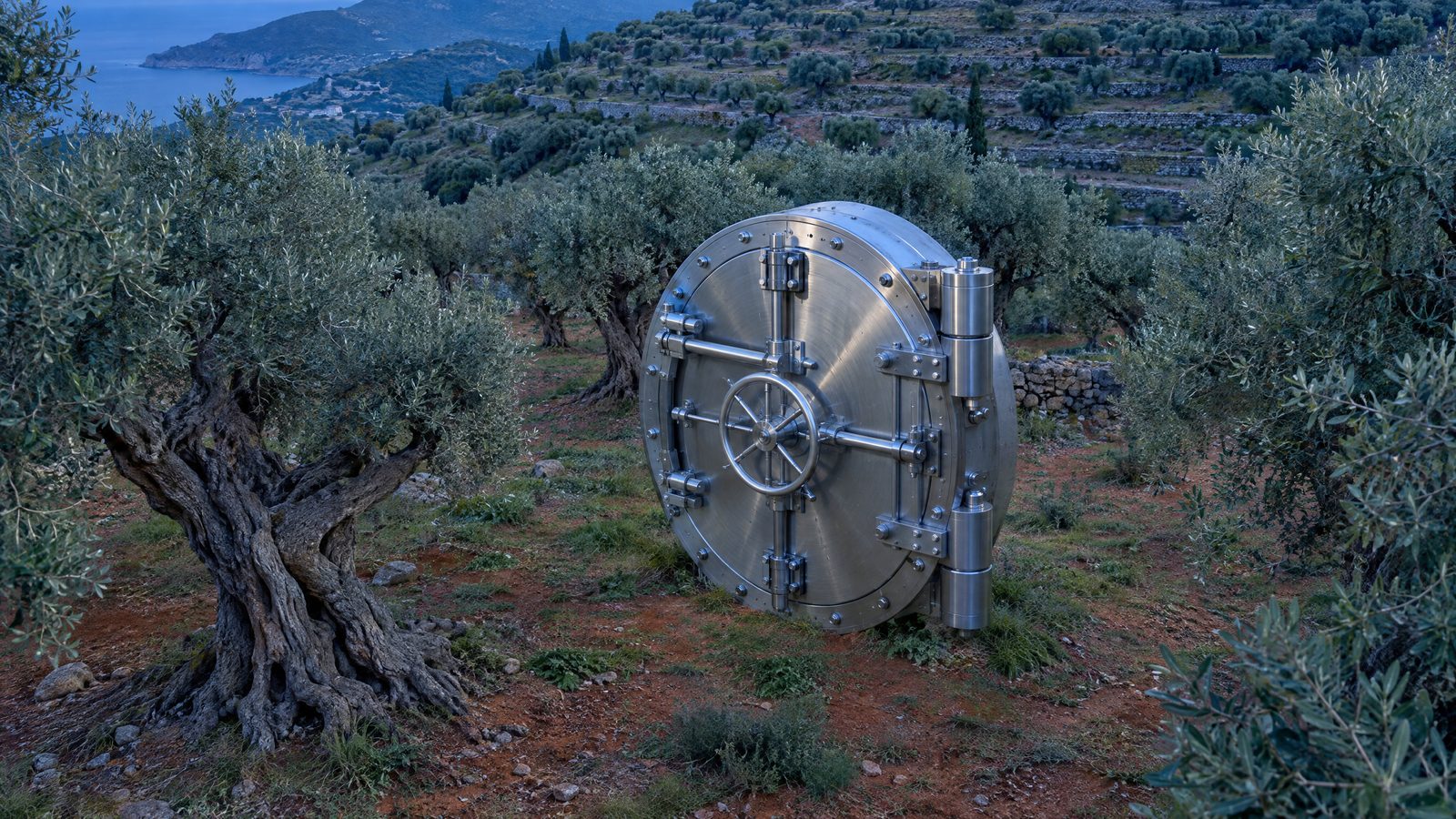 A steel bank-vault door stands on its own among ancient olive trees on a terraced Greek hillside at dusk with the sea in the distance.