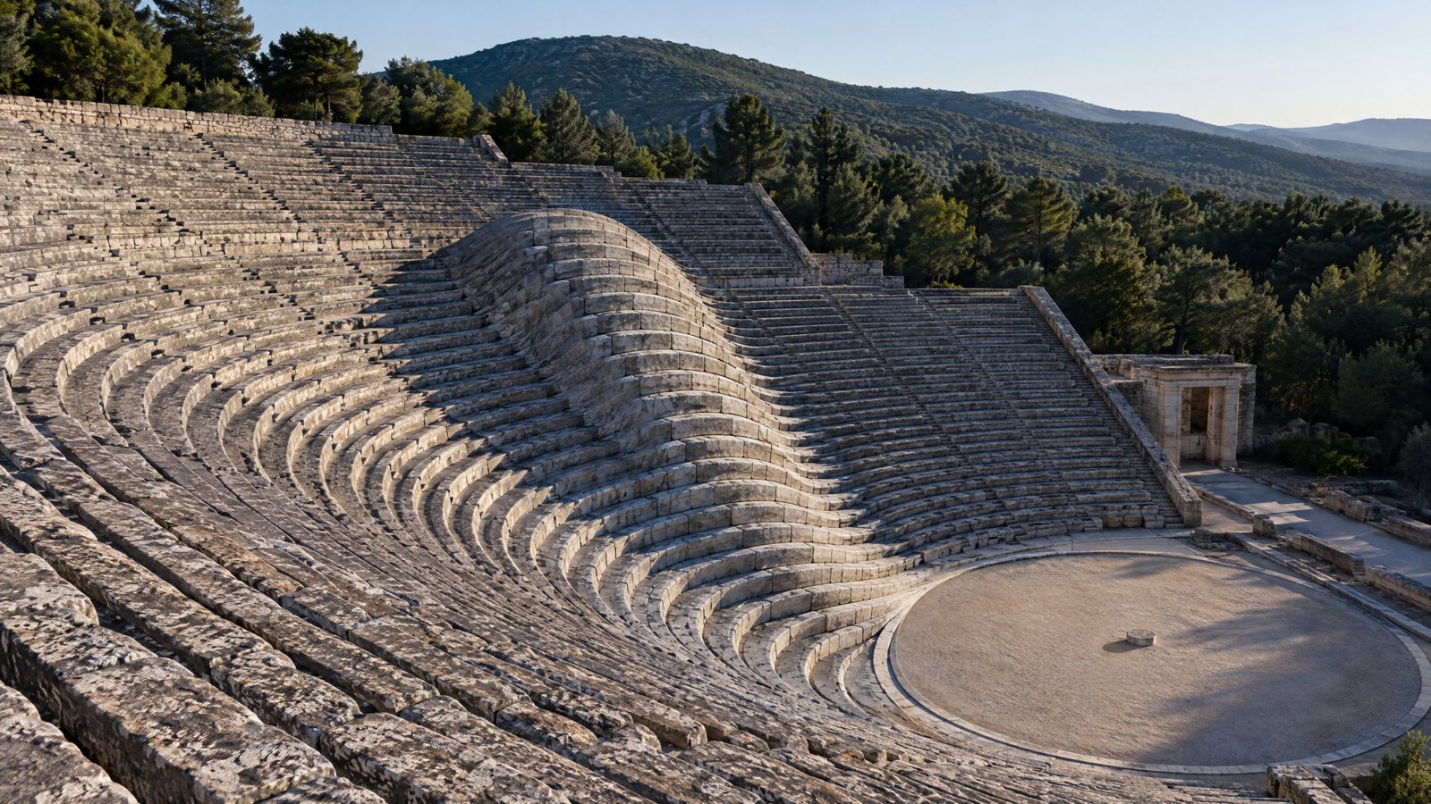 An empty ancient Greek theatre in morning light, a single smooth wave rising through its stone tiers from the stage.